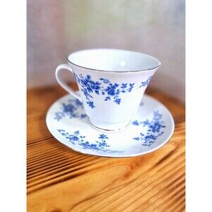 Unbranded Porcelain Cup And Saucer Blue And White Flowers Silver Rim Vintage